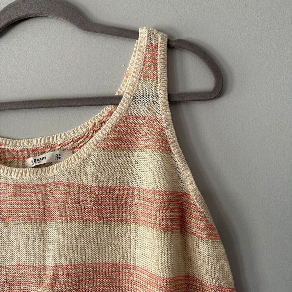 Y2K Linen Blend Sweater Tank Top XL Cream Old Navy Crochet Knit Stripe Boho Boxy - Picture 2 of 8